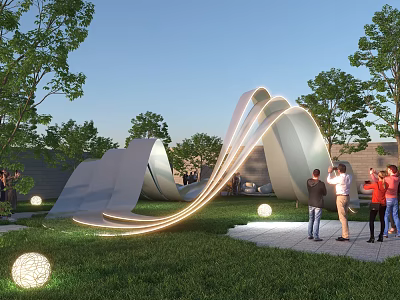 Modern Wavy Pergola With Illuminated Lighting In Outdoor Garden Park For People Gathering 3d model