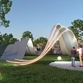 Modern Wavy Pergola With Illuminated Lighting In Outdoor Garden Park For People Gathering