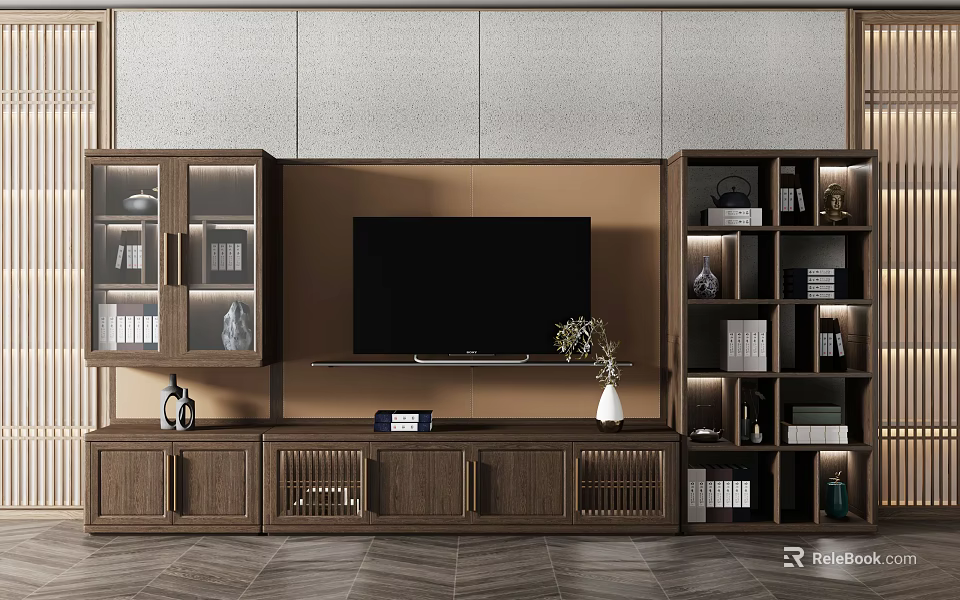 Modern Wooden TV Cabinet Design With Storage Shelves Books Decor And Vase 3d model 
