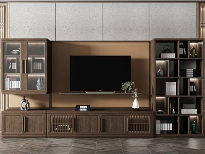 Modern Wooden TV Cabinet Design With Storage Shelves Books Decor And Vase 3d model