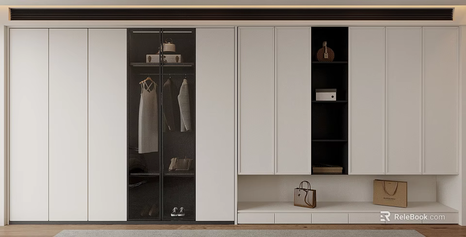 Modern Wardrobe Design With Glass Doors White Cabinetry Hanging Area Drawers And Storage Bags 3d model 