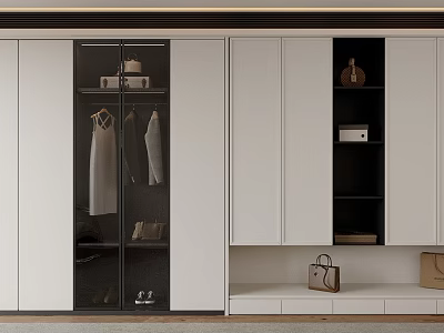 Modern Wardrobe Design With Glass Doors White Cabinetry Hanging Area Drawers And Storage Bags 3d model