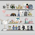 Decorative Ornament Set With Stuffed Bears Building Blocks Books And Decorative Lamp On Shelves