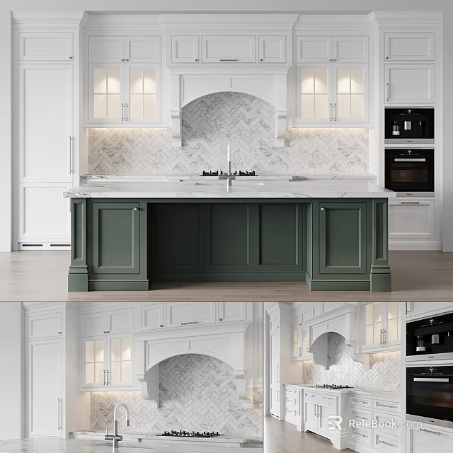 Modern Kitchen With White Cabinets Green Island Marble Counter And Herringbone Backsplash 3d model 