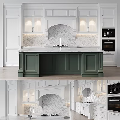 Modern Kitchen With White Cabinets Green Island Marble Counter And Herringbone Backsplash 3d model