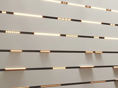 Neatly Arranged Illuminated Downlights And Spotlights On Black Strips Against White Wall 3d model