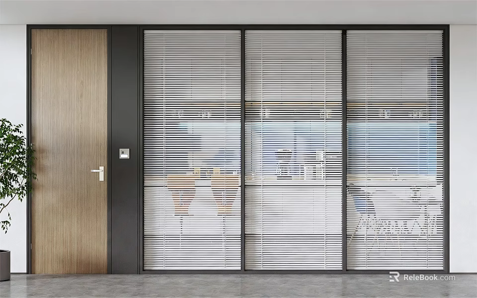 Modern Glass Partition With Wooden Door And Blinds For Office Space Design 3d model 