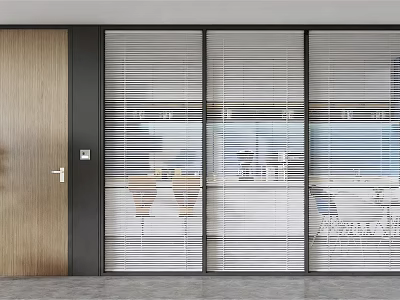 Modern Glass Partition With Wooden Door And Blinds For Office Space Design 3d model