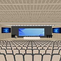 Spacious Conference Room With Grid Ceiling Large Screen Side Displays And Rows Of Seats