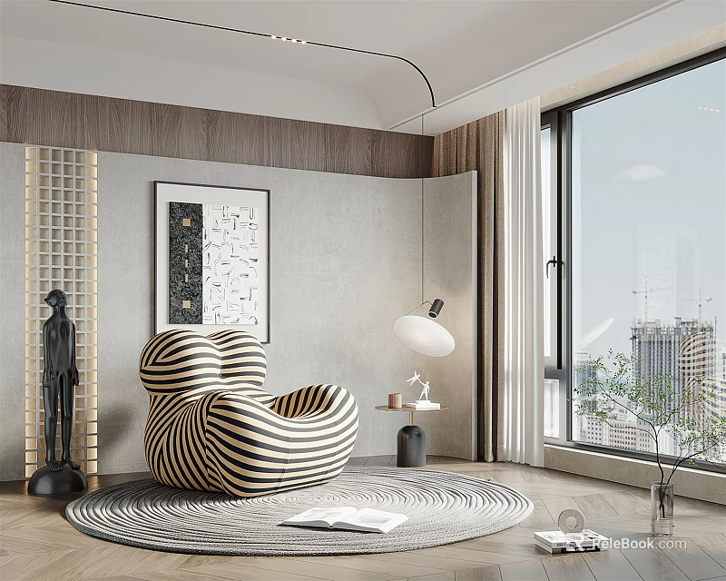 Black and White Striped Bean Bag Chair in Modern Interior with City View Window 3d model 