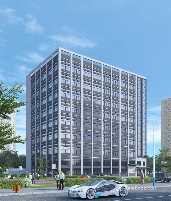 Modern Multi storey Industrial Factory Building With Glass Windows Surrounded By Trees And Blue Sky 3d model 