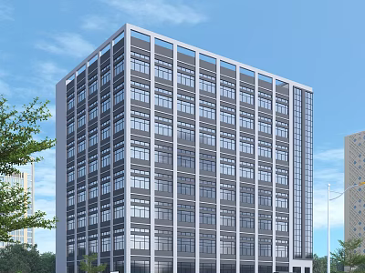 Modern Multi storey Industrial Factory Building With Glass Windows Surrounded By Trees And Blue Sky 3d model