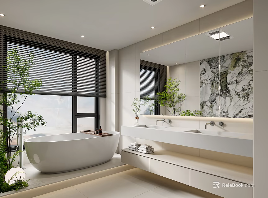 Modern Bathroom Design With Freestanding Bathtub Double Sinks Large Mirror Marble Accent Wall And Plants 3d model 