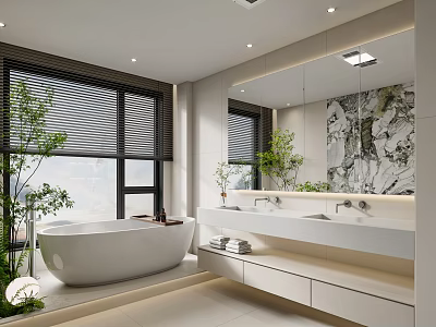 Modern Bathroom Design With Freestanding Bathtub Double Sinks Large Mirror Marble Accent Wall And Plants 3d model