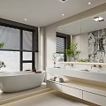 Modern Bathroom Design With Freestanding Bathtub Double Sinks Large Mirror Marble Accent Wall And Plants