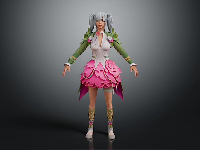 Female Character With Gray Twin Tails Wearing Pink Petal Skirt Green Sleeves And Flower Decorations 3d model