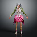 Female Character With Gray Twin Tails Wearing Pink Petal Skirt Green Sleeves And Flower Decorations