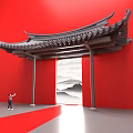 Art Installation Featuring Chinese Style Archway Red Background Person Red Carpet And Landscape Painting