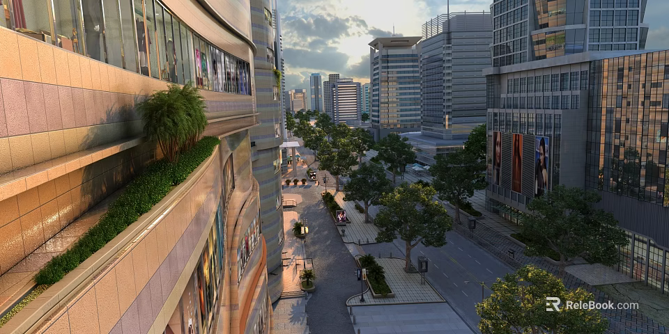 Bustling Commercial Street With Modern Buildings Greenery And City Skyline 3d model 