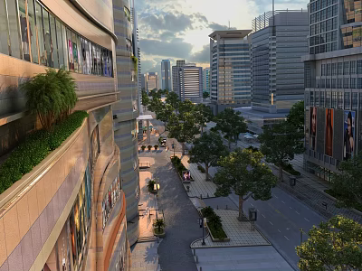 Bustling Commercial Street With Modern Buildings Greenery And City Skyline 3d model