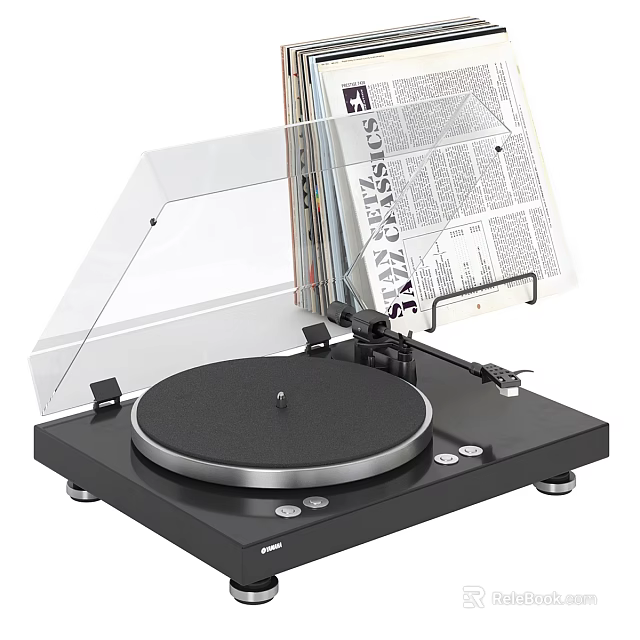 Modern Vinyl Turntable with Transparent Cover and Vinyl Records Display Design 3d model 