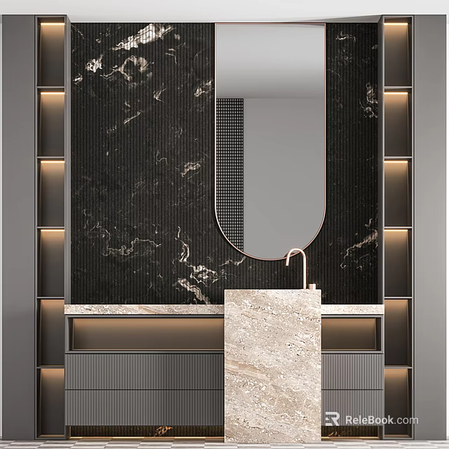 Modern Bathroom Washbasin With Black Marble Wall Oval Mirror And Beige Countertop 3d model 