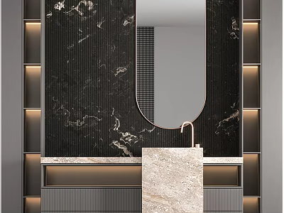 Modern Bathroom Washbasin With Black Marble Wall Oval Mirror And Beige Countertop 3d model