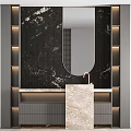 Modern Bathroom Washbasin With Black Marble Wall Oval Mirror And Beige Countertop