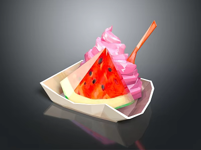 Fresh Watermelon Slice With Pink Ice Cream And Orange Spoon In Paper Bowl 3d model