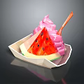 Fresh Watermelon Slice With Pink Ice Cream And Orange Spoon In Paper Bowl