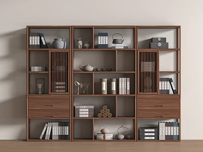 Wooden Bogu Shelf Featuring Multiple Compartments Books Tea Pots Decorative Items And Drawers 3d model
