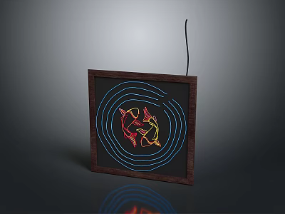Colorful Fish In Wooden Frame Neon Decoration With Blue Circular Halos And Dark Background Reflection 3d model