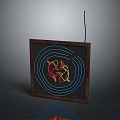 Colorful Fish In Wooden Frame Neon Decoration With Blue Circular Halos And Dark Background Reflection
