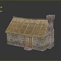 Traditional Stone Cottage With Moss Covered Thatch Roof Wooden Door And Stone Chimney