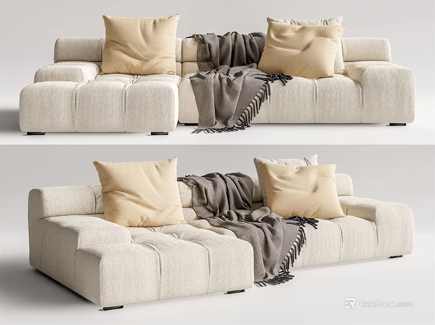 Modern Light Colored Sectional Sofa With Beige Cushions And Dark Throw Blanket 3d model