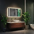 Modern Bathroom Vanity With Illuminated Mirror Dark Walls And Green Plants