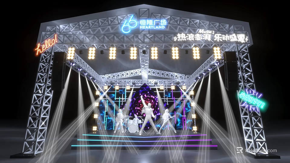 Henglong Plaza Concert Stage With Truss Structure Bright Lighting And Performers 3d model 