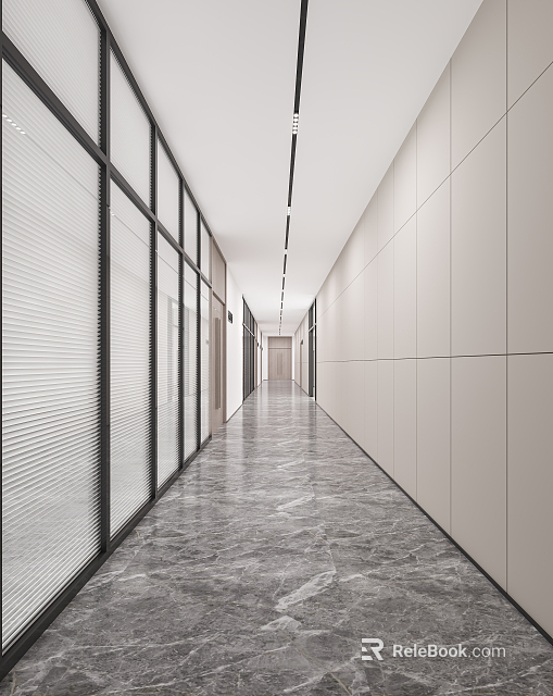 Modern Office Corridor With Glass Partitions Gray Marble Flooring And White Walls 3d model 