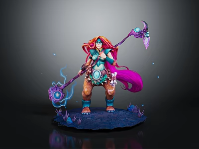 Fantasy Warrior Character With Long Pink Purple Hair Magic Staff And Glowing Crystal Effects 3d model