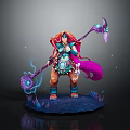 Fantasy Warrior Character With Long Pink Purple Hair Magic Staff And Glowing Crystal Effects