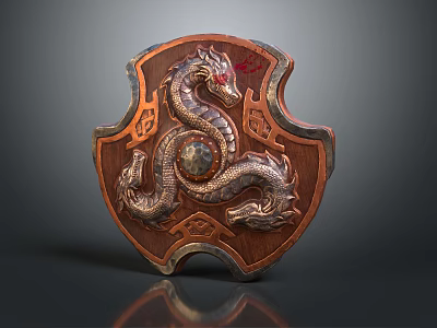 Intricate Dragon Pattern Shield Shaped Decorative Ornament With Metallic Finish And Central Gemstone 3d model