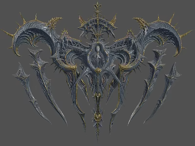 Dark Fantasy Game Movie Character With Winged Metal Spikes And Gold Accents 3d model