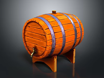 Vintage Wooden Wine Barrel With Orange Staves Purple Hoops And Spigot Stand 3d model