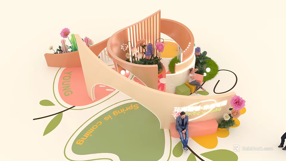 Colorful Modern Public Space Installation with Flowers Seats and Spring Elements 3d model