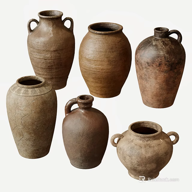 Traditional Rustic Ceramic Vessels With Various Shapes Handles Textured Surfaces And Earthy Tones 3d model 