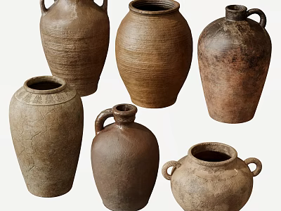 Traditional Rustic Ceramic Vessels With Various Shapes Handles Textured Surfaces And Earthy Tones 3d model