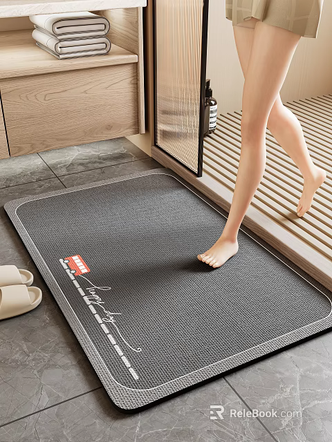 Bathroom Interior With Gray Non Slip Mat Wooden Cabinet And Slippers Near Footstep 3d model 