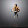 3D Character Model With Orange Hooded Jacket Black Pants Mask Gloves And Backpacked Axe Knife