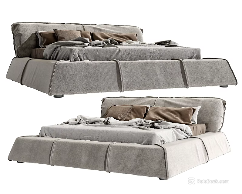 Modern Double Bed Design With Upholstered Headboard And Light Gray Bedding 3d model