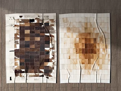 Square Leather Patchwork Rugs In Neutral Brown Beige Tones On Wooden Floor 3d model